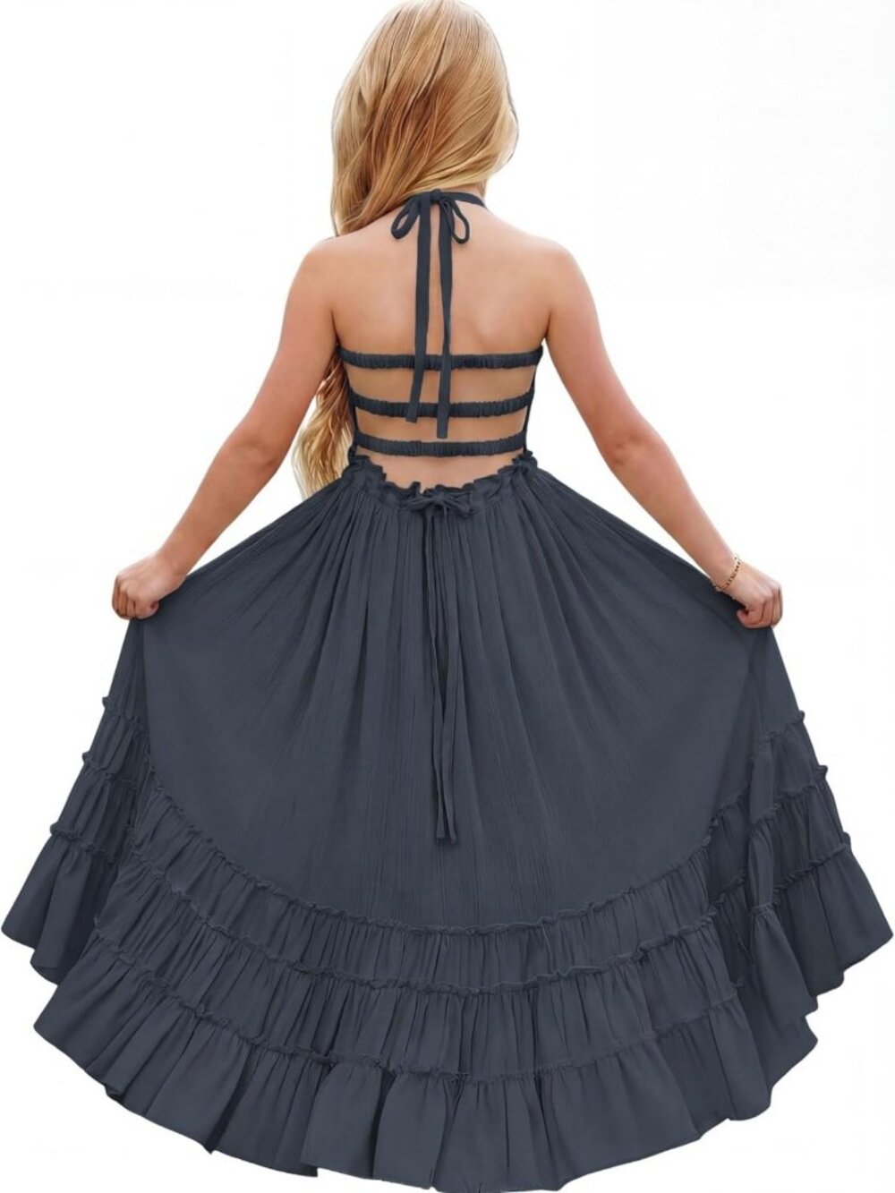 Boho Summer Maxi Dress for Girls - Halter, Sleeveless, Ruffle, Flowy, Beach